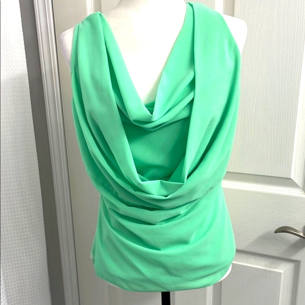 NWOT. Lulumari Mint Green Draped Front Sleeveless Blouse with Embroidered Back - Picture 2 of 9